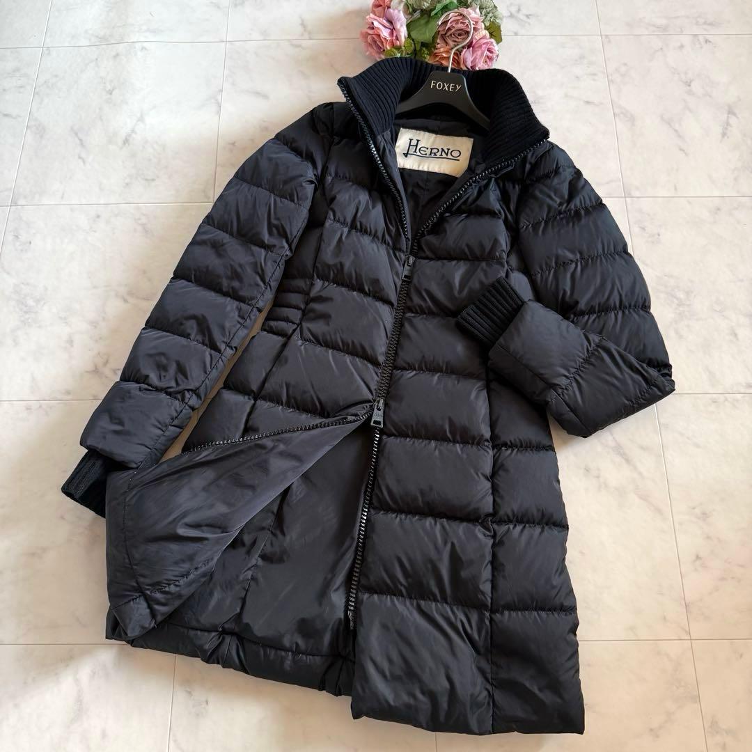 美品★HERNO ポーラーテック リブ切替 ダウンコート ネイビー 38
