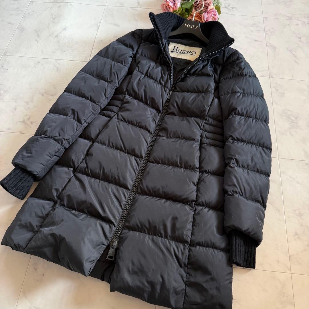 美品★HERNO ポーラーテック リブ切替 ダウンコート ネイビー 38