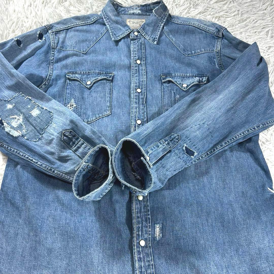 美品　ポロラルフローレン　現行　ウエスタンシャツ　ダメージ加工XL パッチワーク