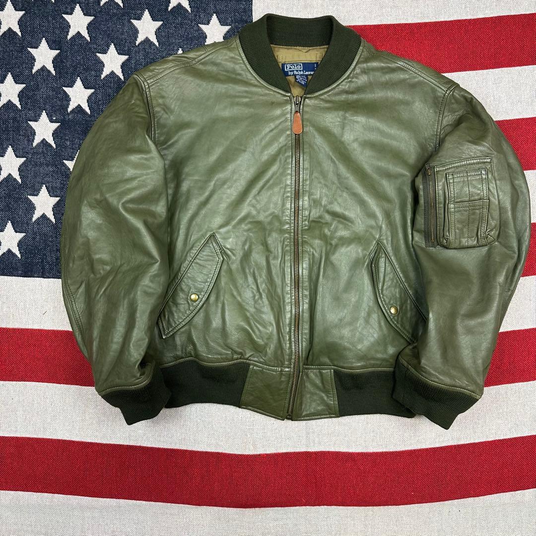 超スペシャル 90s MA1 ラルフローレン レザージャケット オリーブグリーン