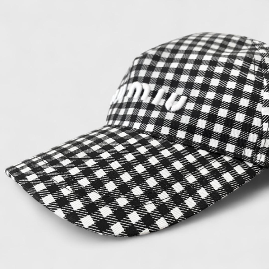 美品 ミュウミュウ キャップ ギンガムチェック 帽子 S ブラック ホワイト