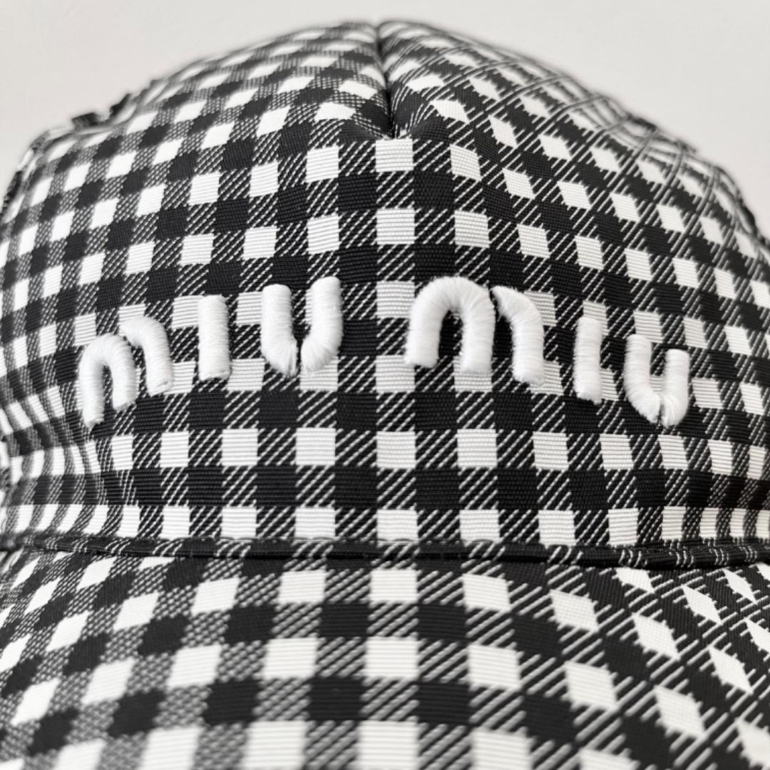 美品 ミュウミュウ キャップ ギンガムチェック 帽子 S ブラック ホワイト
