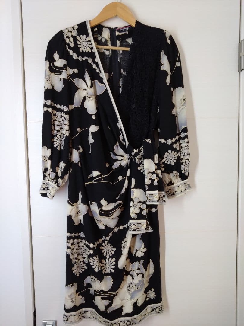 レオナール シルク混 花柄 レース カシュクール 長袖 ワンピース L