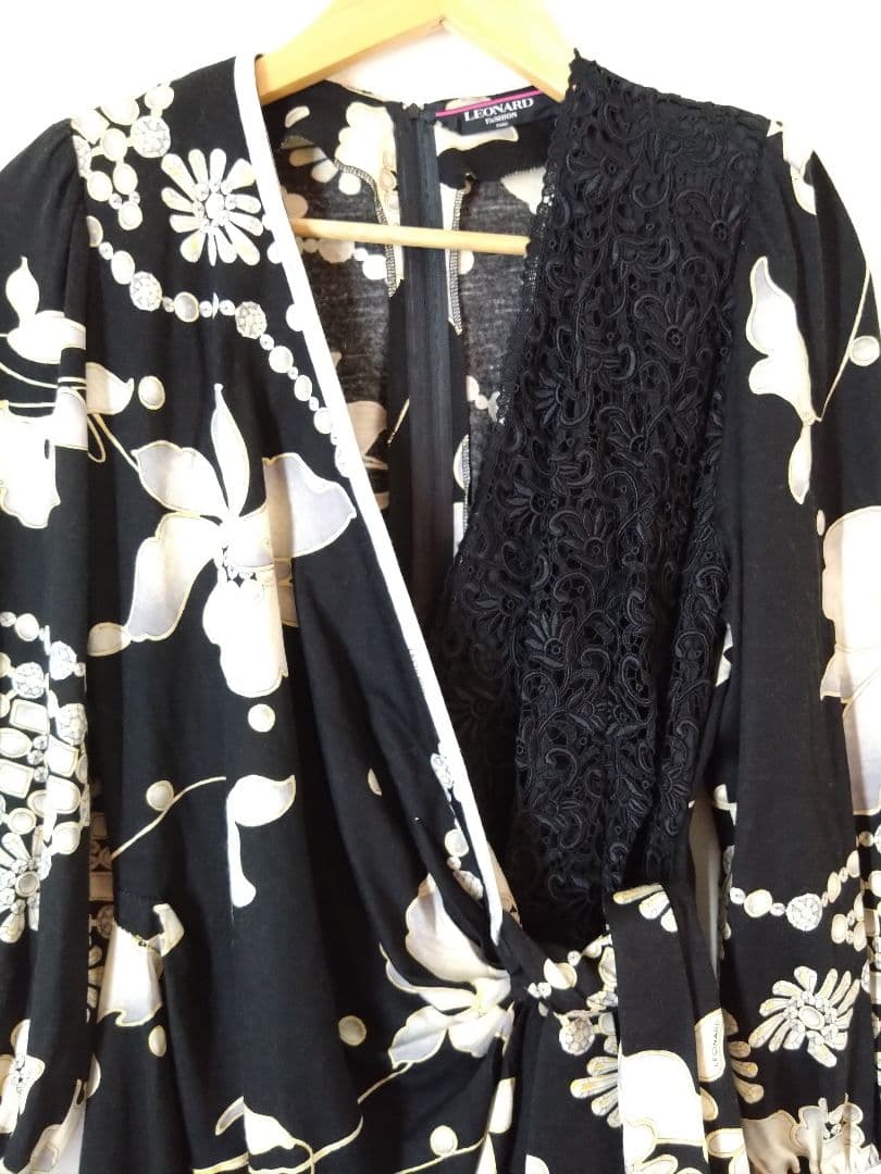 レオナール シルク混 花柄 レース カシュクール 長袖 ワンピース L