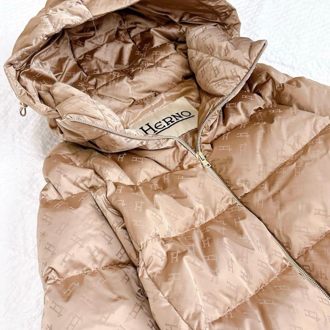 極美品✨HERNO モノグラム柄　ダウンジャケット　ロゴ　総柄　ブラウン　フード