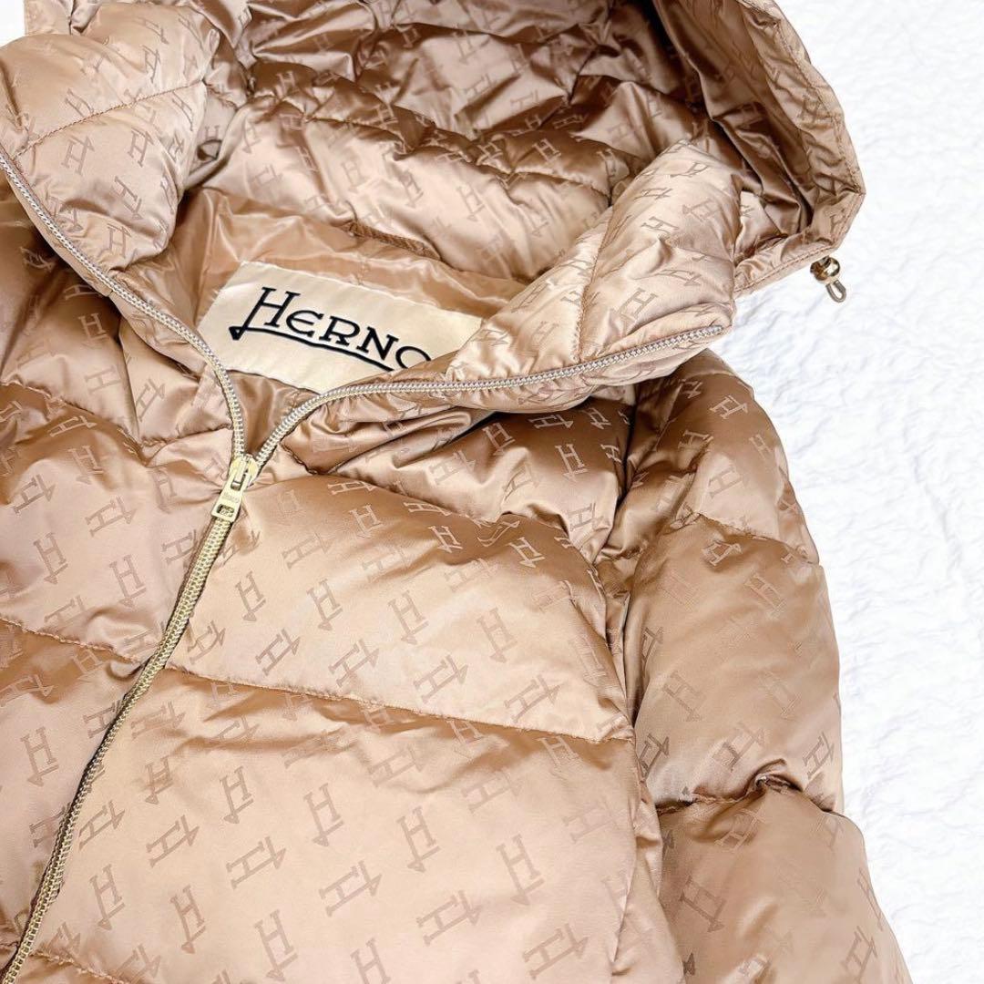 極美品✨HERNO モノグラム柄　ダウンジャケット　ロゴ　総柄　ブラウン　フード