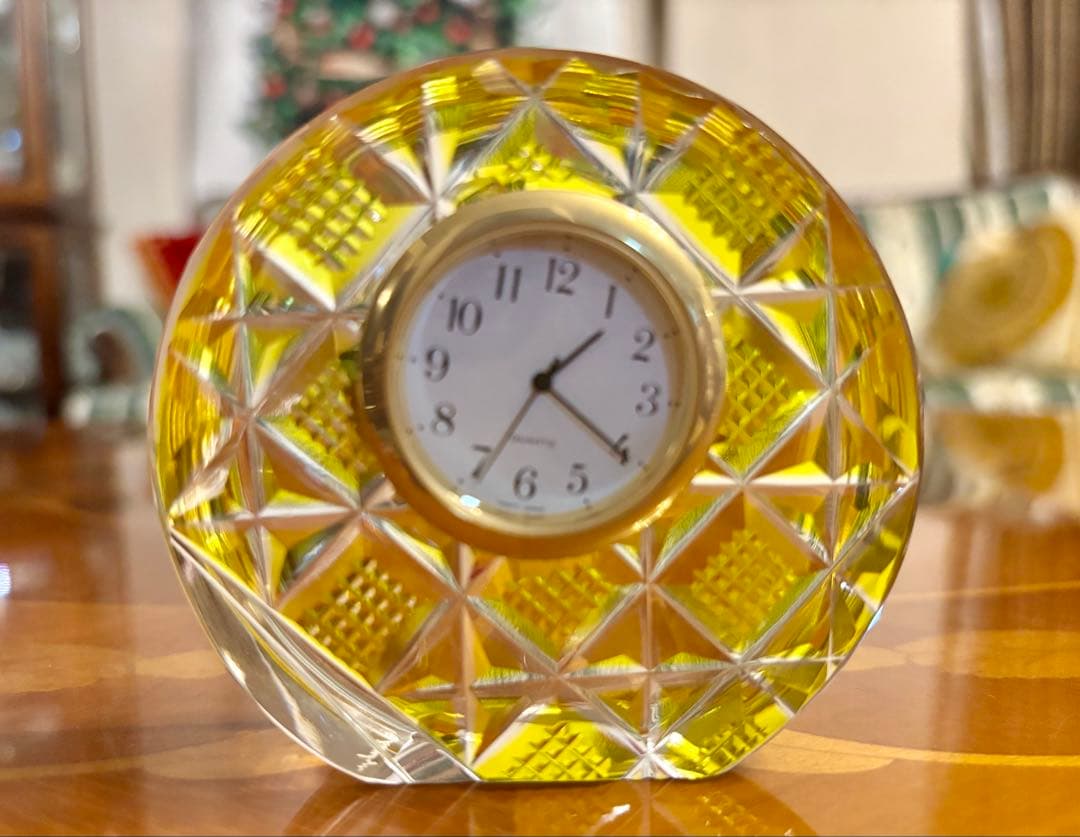 島津薩摩切子　イエロー 置時計 約10cm