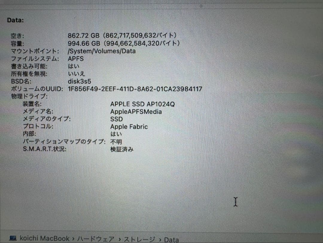 MacBook Air M1 1TB 最大容量94% メモリ16GB