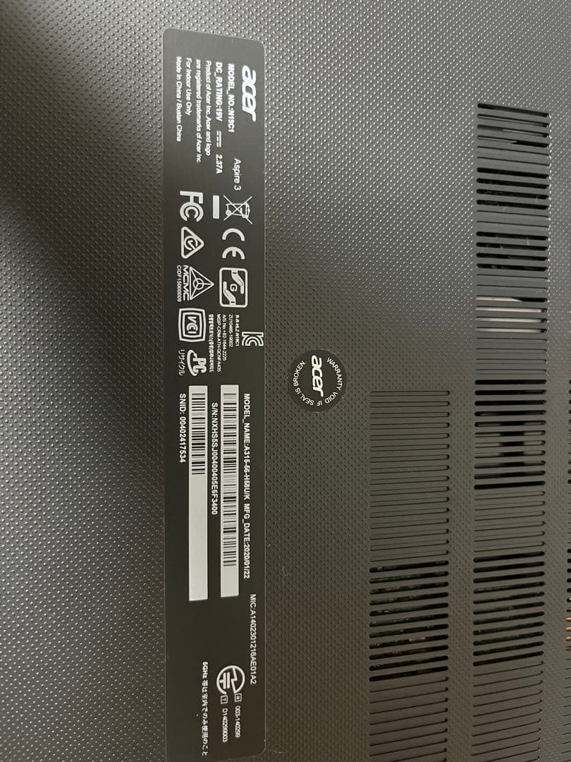 【ジャンク】ACER Aspire A315-56-H58Z/WF N19C1