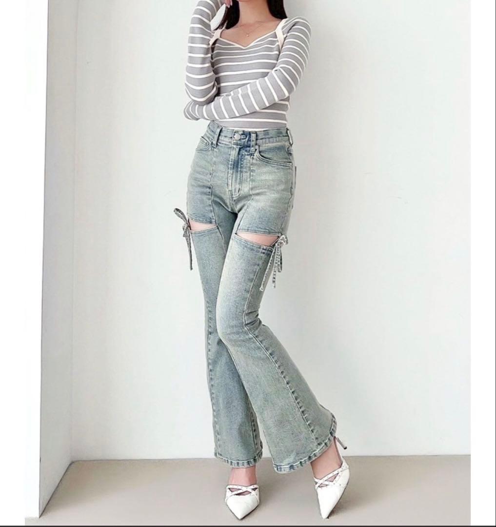 RESEXXY カットアウトリボンデニムパンツ　ブルー