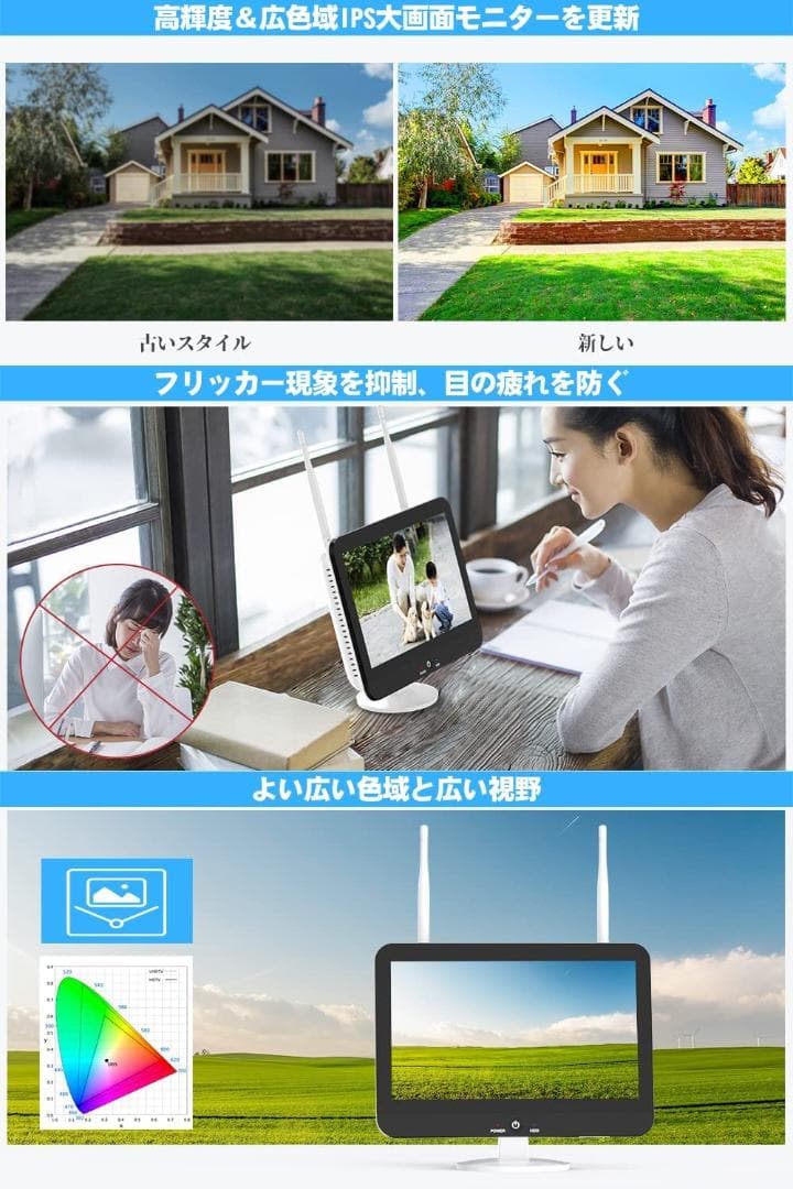 モニター付き防犯カメラ 500万解像度 大容量3TB