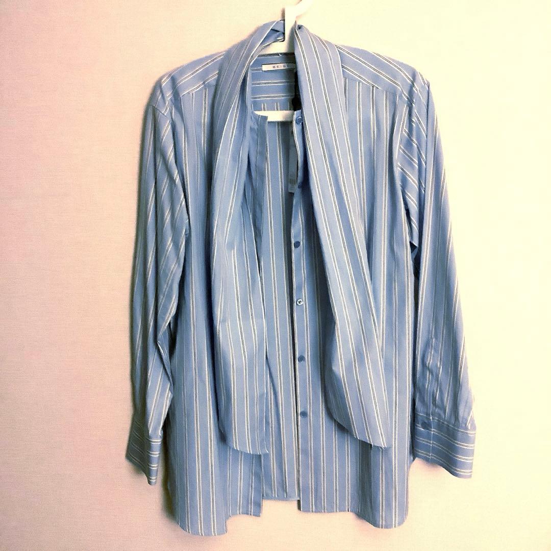 BEIGE，洗える　ストライプ　コットンボウタイブラウス