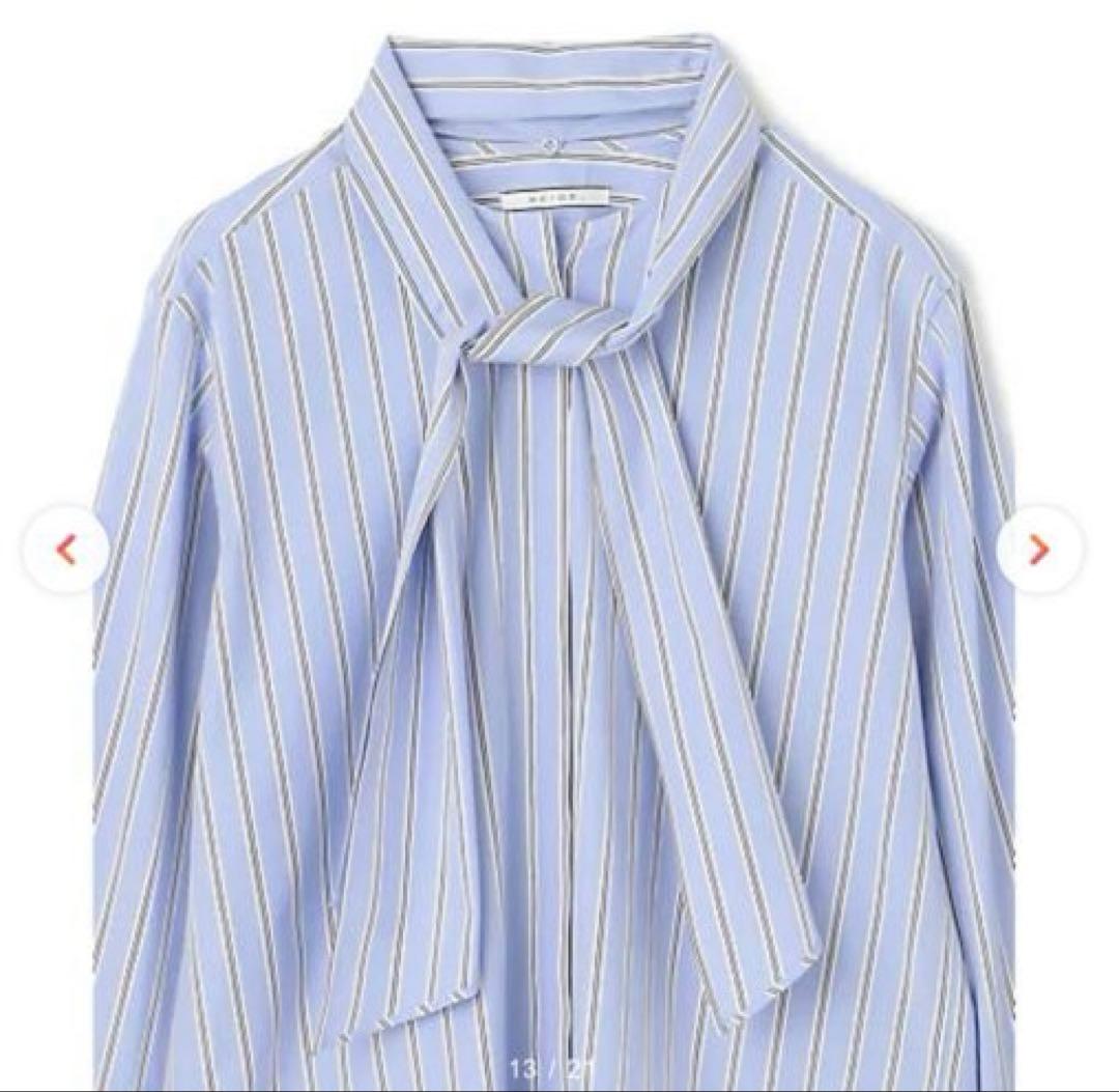 BEIGE，洗える　ストライプ　コットンボウタイブラウス