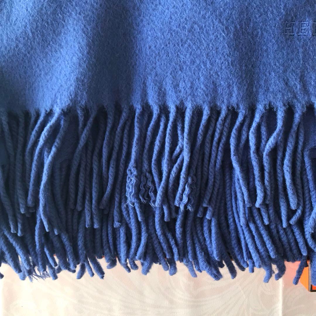 エルメス ウール ストール 青色 フリンジ付き