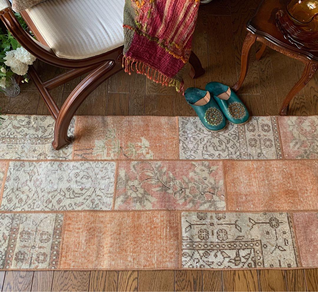 ササ　ペールオレンジ　ランナー　174×65 トルコヴィンテージラグ