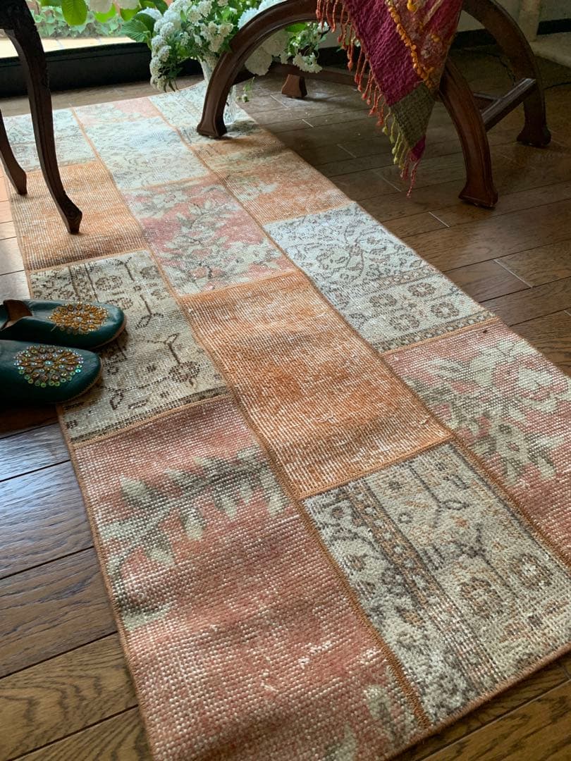 ササ　ペールオレンジ　ランナー　174×65 トルコヴィンテージラグ