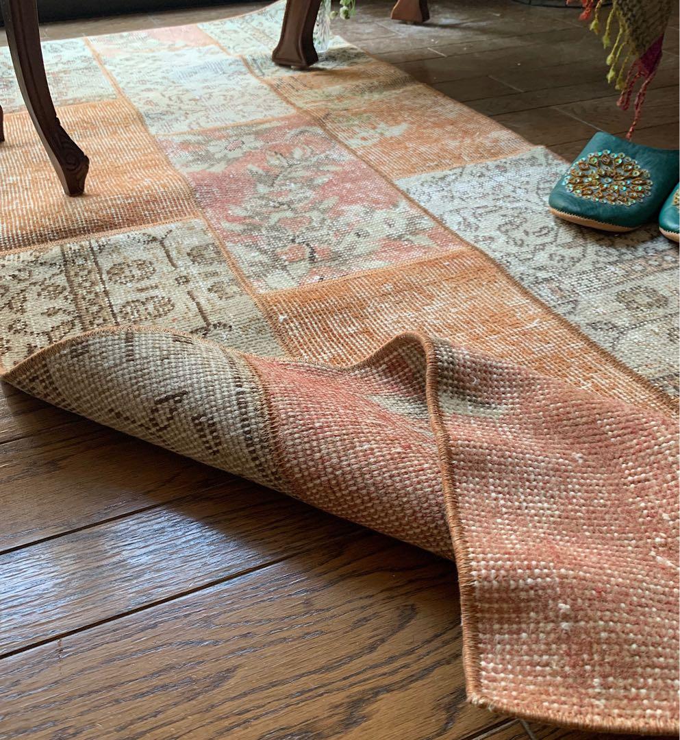 ササ　ペールオレンジ　ランナー　174×65 トルコヴィンテージラグ