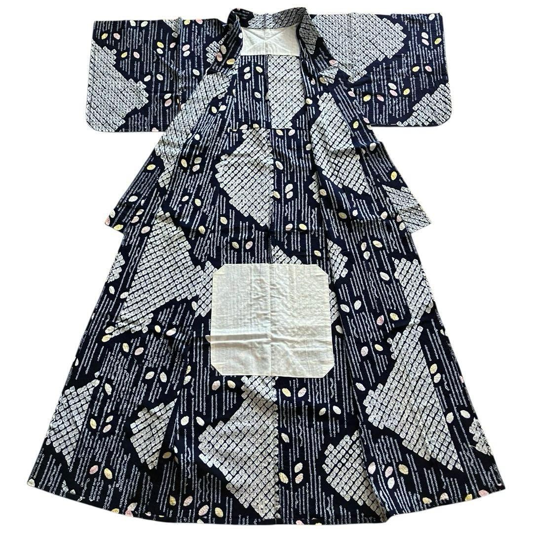有松鳴海絞り 浴衣 未使用品 綿 バチ衿 夏着物　ネイビー 紺色 しつけ糸 逸品