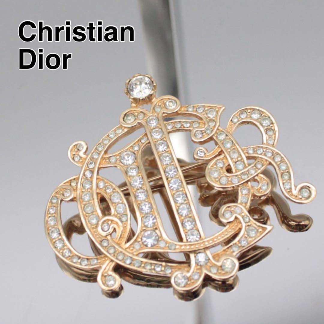 極美品 クリスチャンディオール ゴールド ブローチ エンブレム ラインストーン