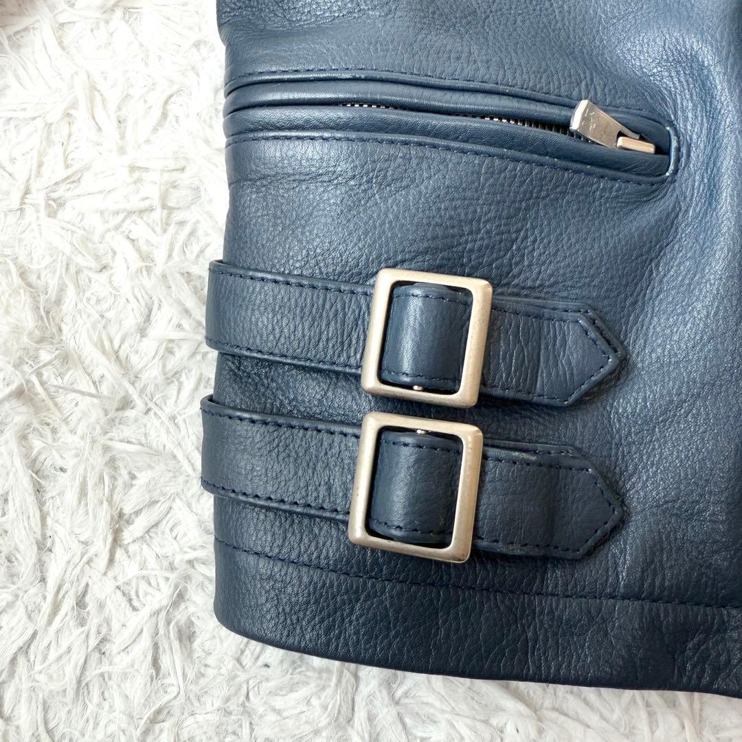 【美品✨】NO ID. 牛革 ダブルライダースジャケット レザー ネイビー×赤