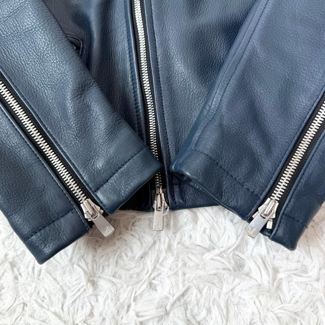 【美品✨】NO ID. 牛革 ダブルライダースジャケット レザー ネイビー×赤