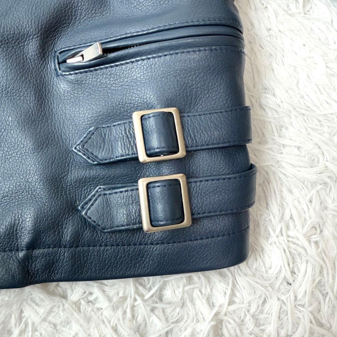 【美品✨】NO ID. 牛革 ダブルライダースジャケット レザー ネイビー×赤