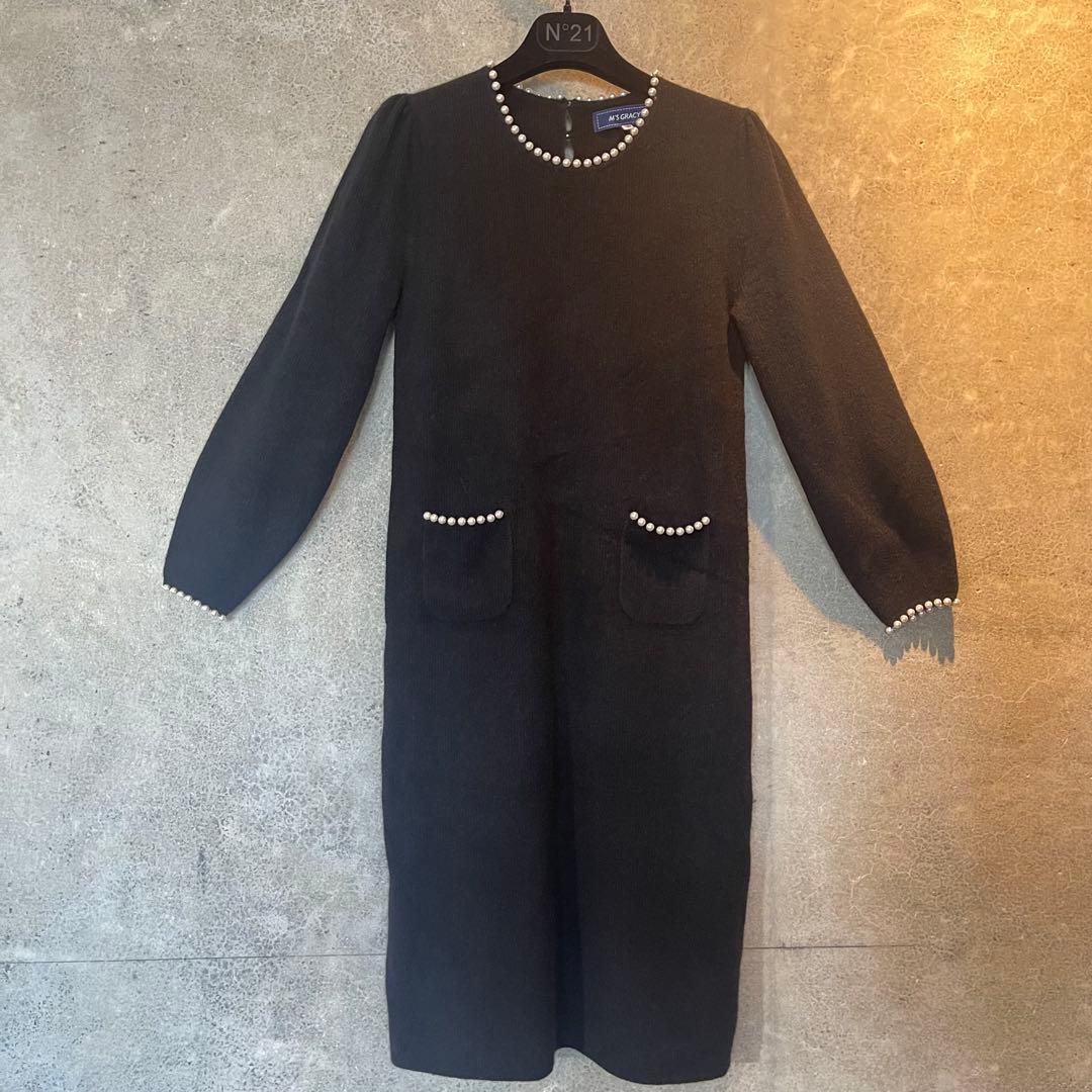 【極美品✨】M'S GRACY 黒 長袖 ラクーンニット パールワンピース