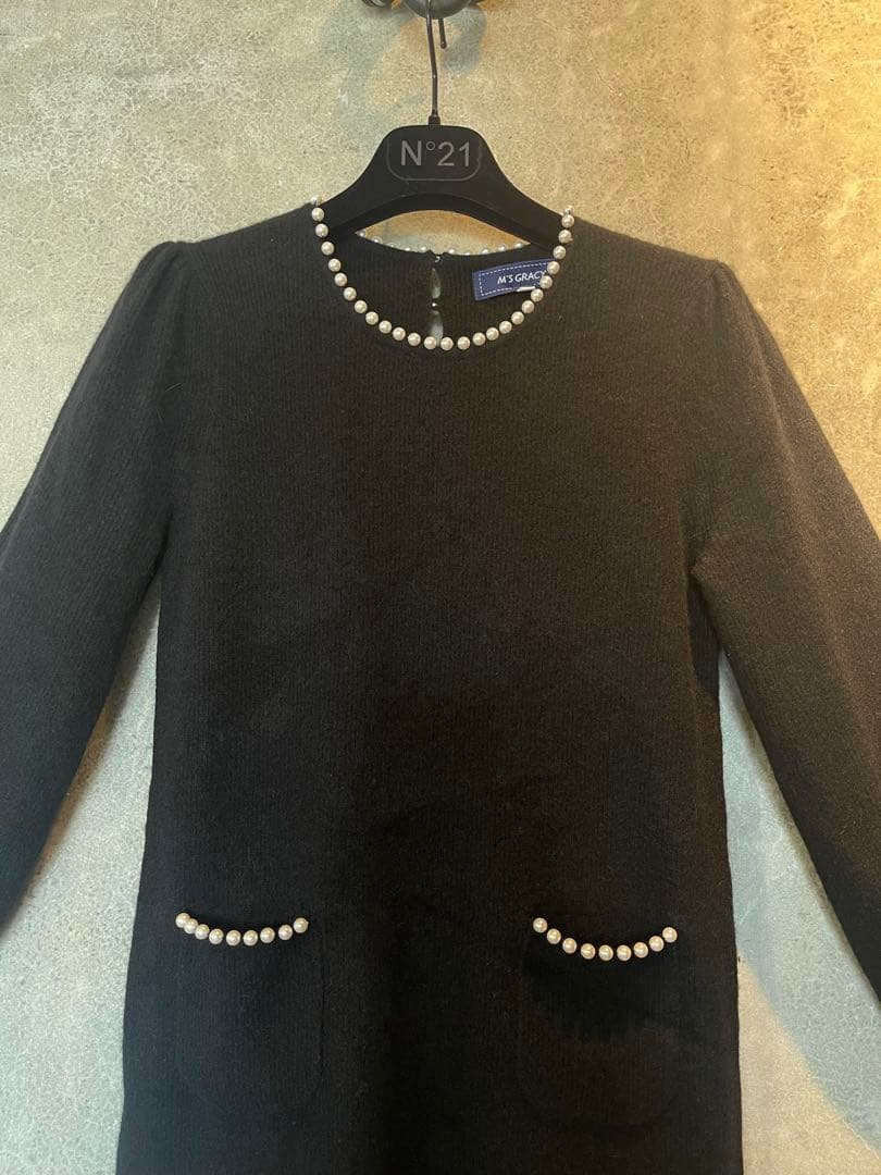 【極美品✨】M'S GRACY 黒 長袖 ラクーンニット パールワンピース