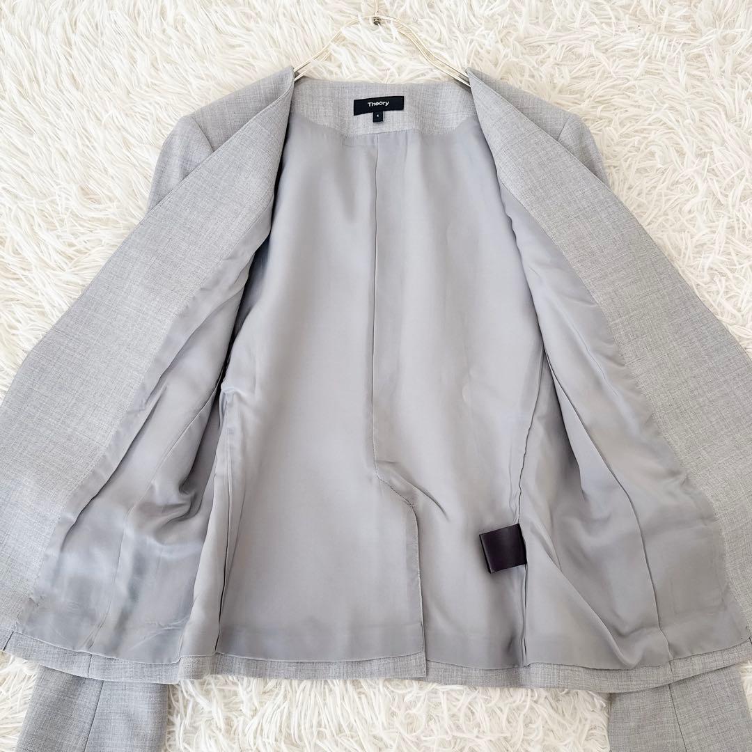 大きめサイズ4✨セオリー ノーカラー パンツスーツ セットアップ ライトグレー