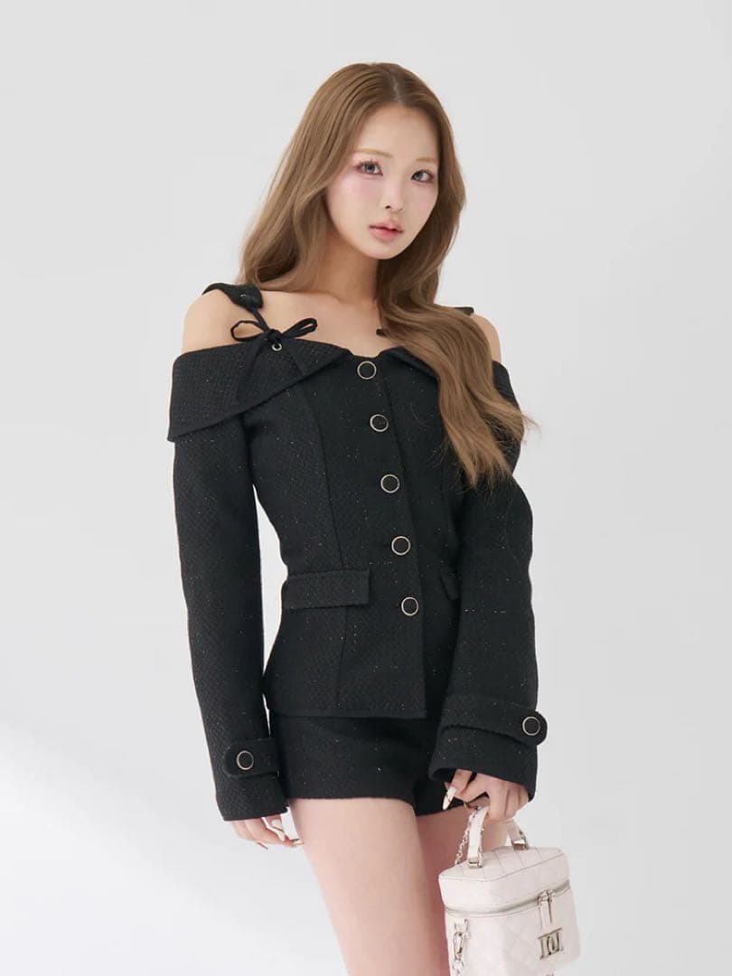 【新品未使用】ダーリッチ　ボンディングツイードオフショルチュニックM 黒　タグ付