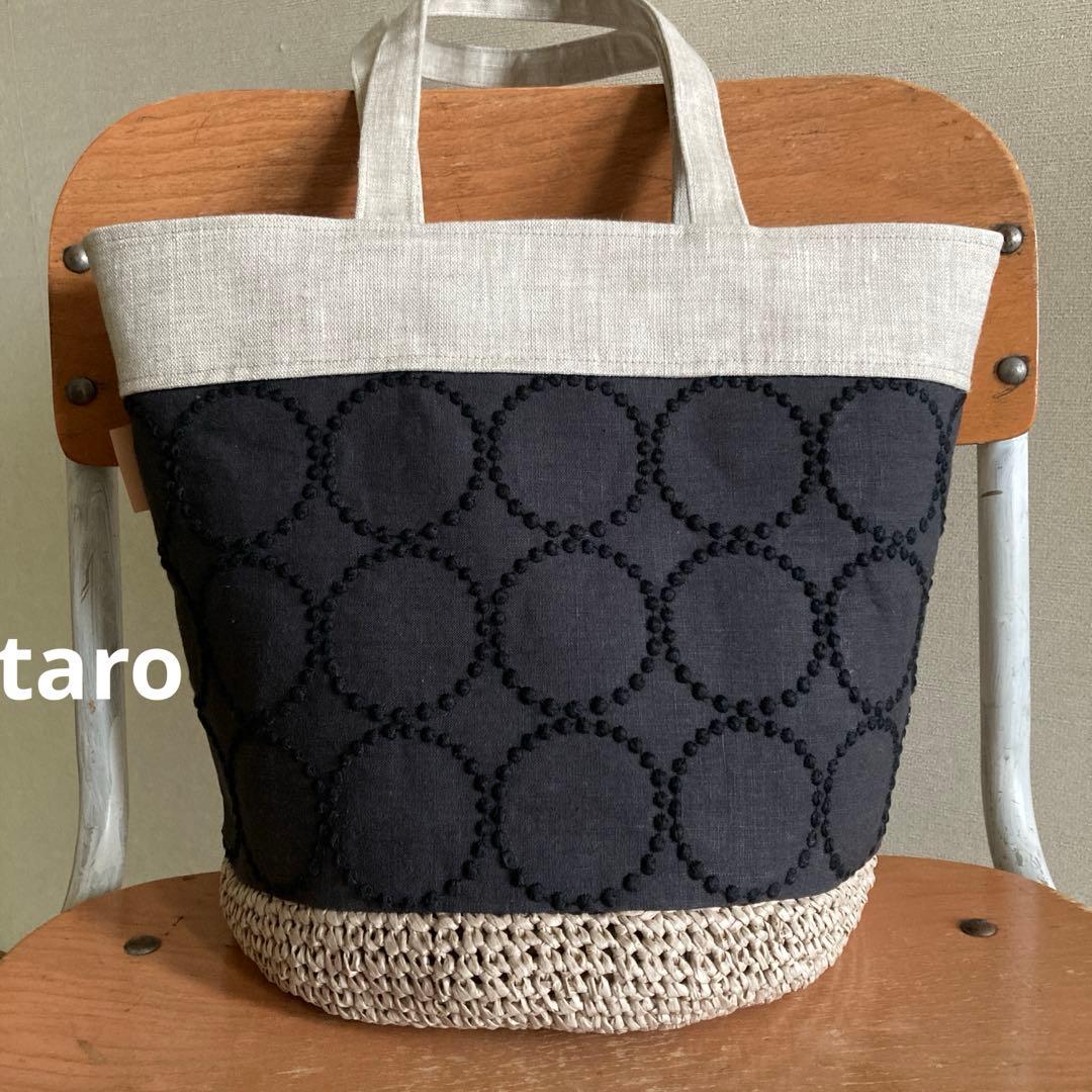 タンバリンとピースパッチ　かご編み付きバケツトート　ミナペルホネン　ハンドメイド