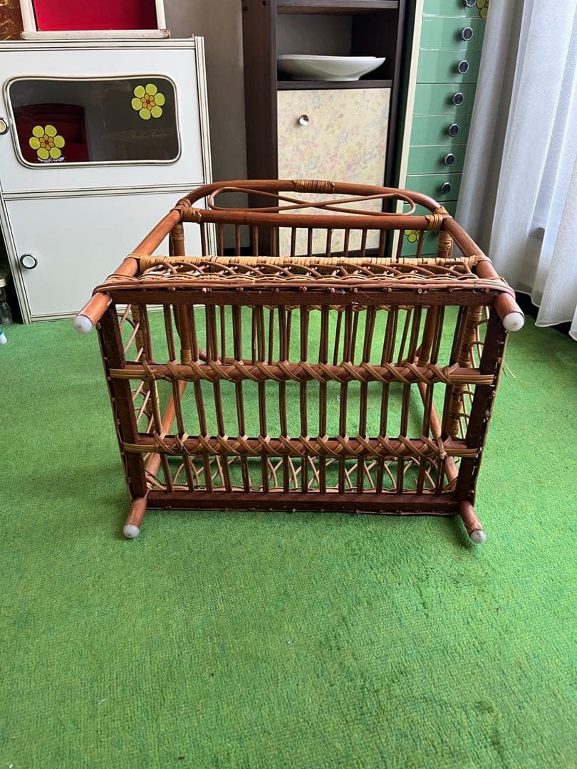 龍＊ラタン 籐 2段バスケット ランドリーバスケット 脱衣カゴ 昭和レトロ
