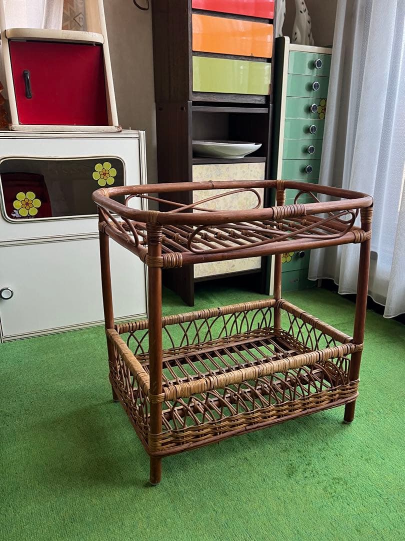 龍＊ラタン 籐 2段バスケット ランドリーバスケット 脱衣カゴ 昭和レトロ