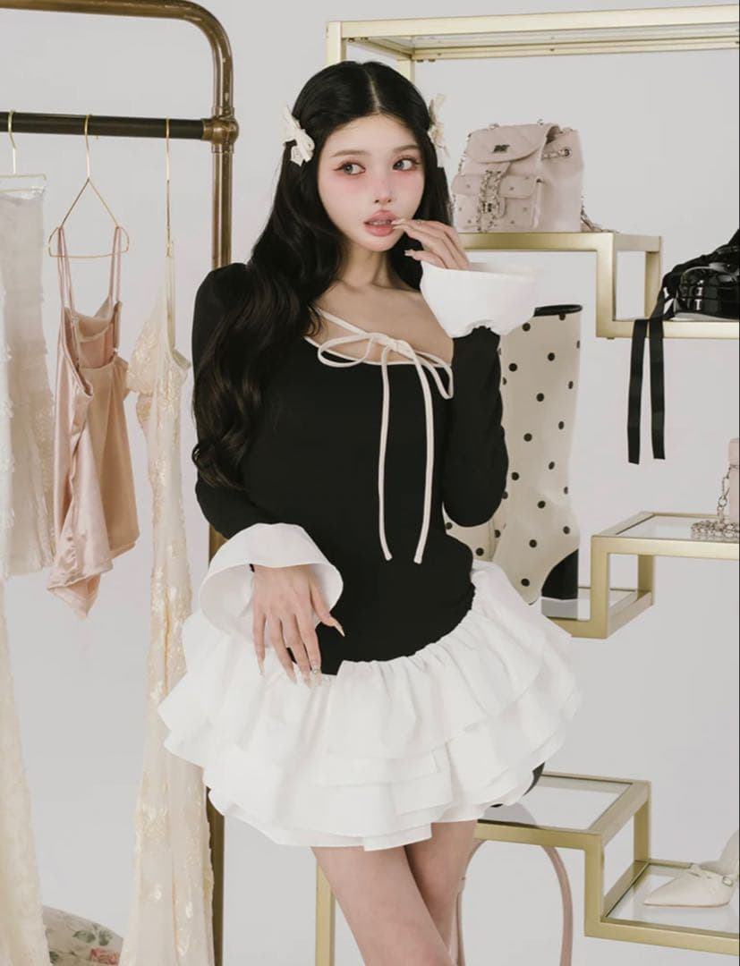 デザインネックリボンミニワンピース