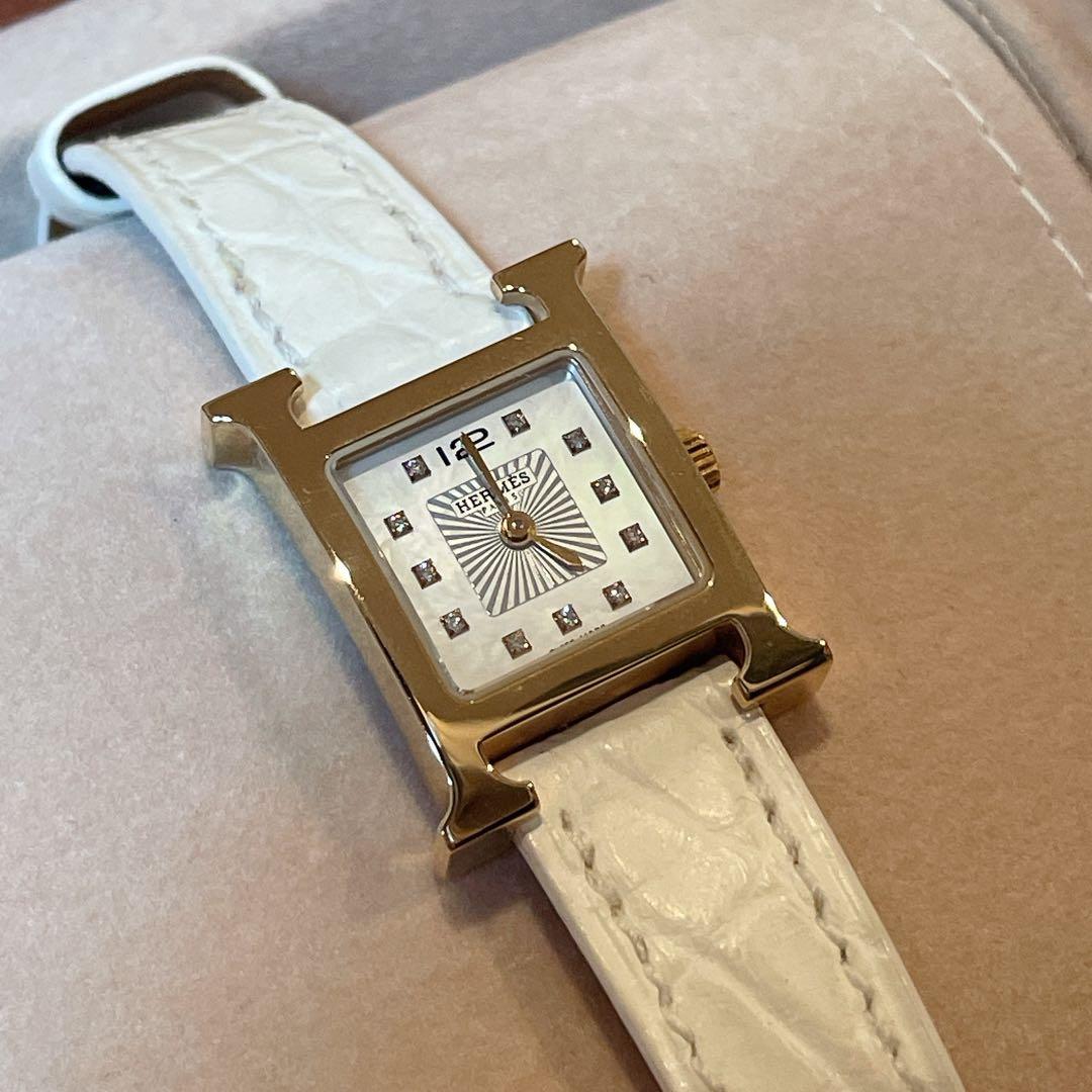 【美品】エルメス Hウォッチ ミニ 11ダイヤ クロコベルト ホワイト