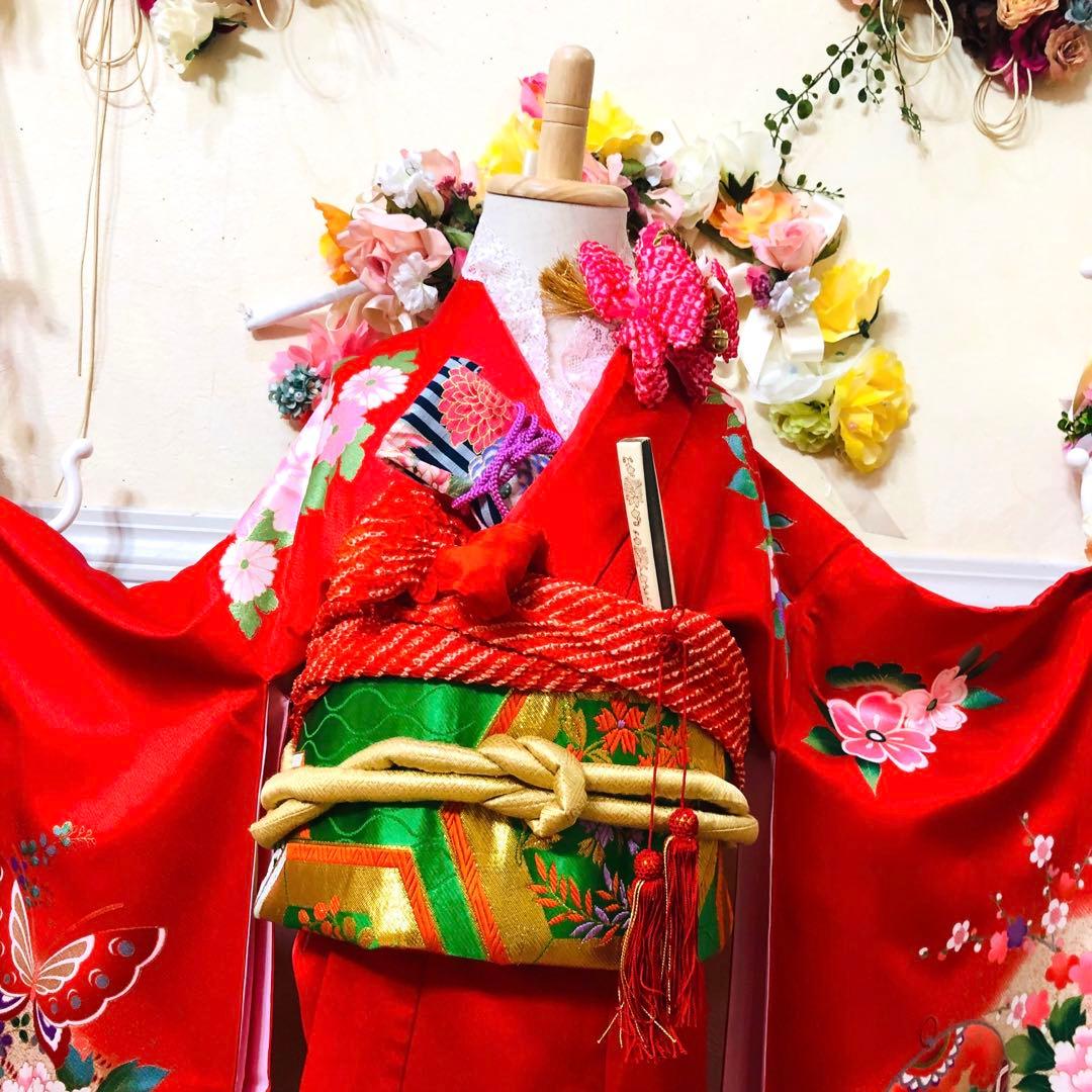 七五三七歳未使用着物‼️人気赤地暈し⭐︎手毬花々煌びやか際立つ⭐︎安心フルセット逸品