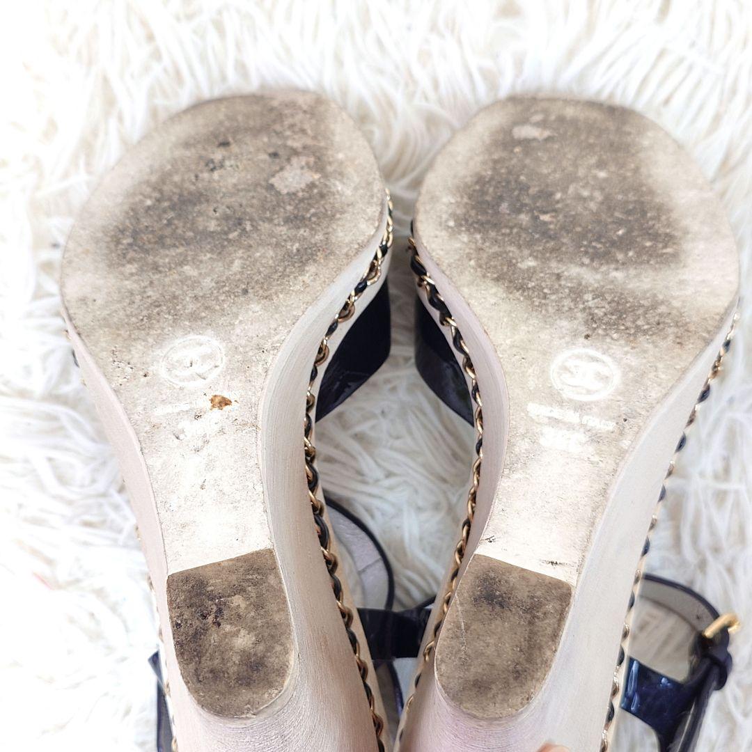 シャネル ミュール チェーン ココマーク ウッドソール 36c エナメル 保存袋