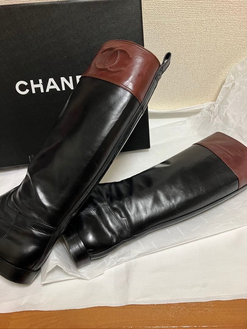 美品CHANELサイドココマーク バイカラー　ロングブーツ/ジョッキーブーツ