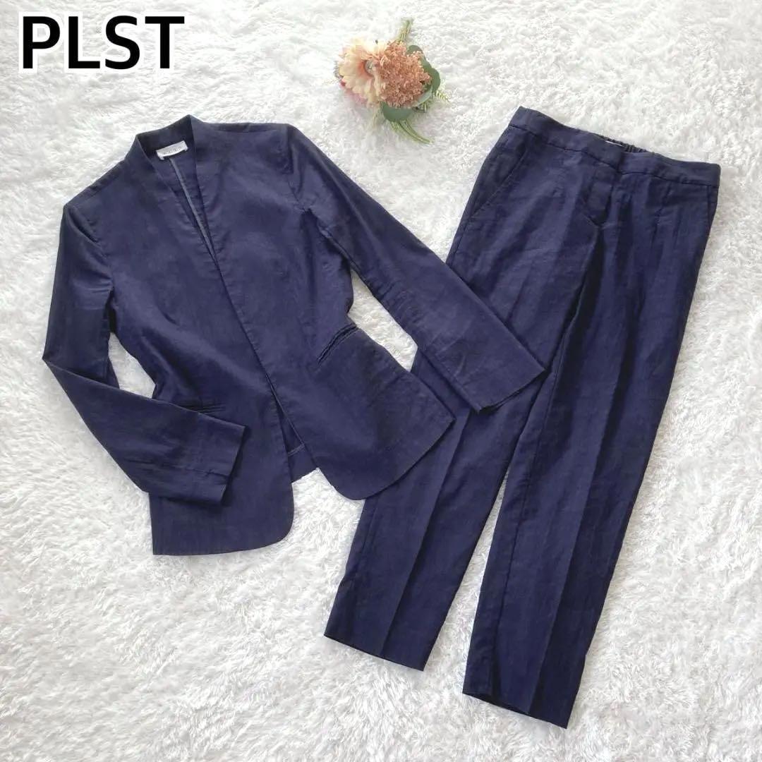 プラステ　パンツスーツ　ノーカラー　リネン混　ネイビー　L　夏スーツ　手洗い可