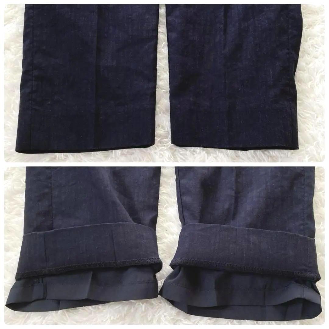 プラステ　パンツスーツ　ノーカラー　リネン混　ネイビー　L　夏スーツ　手洗い可