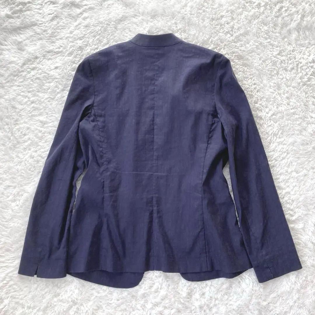 プラステ　パンツスーツ　ノーカラー　リネン混　ネイビー　L　夏スーツ　手洗い可