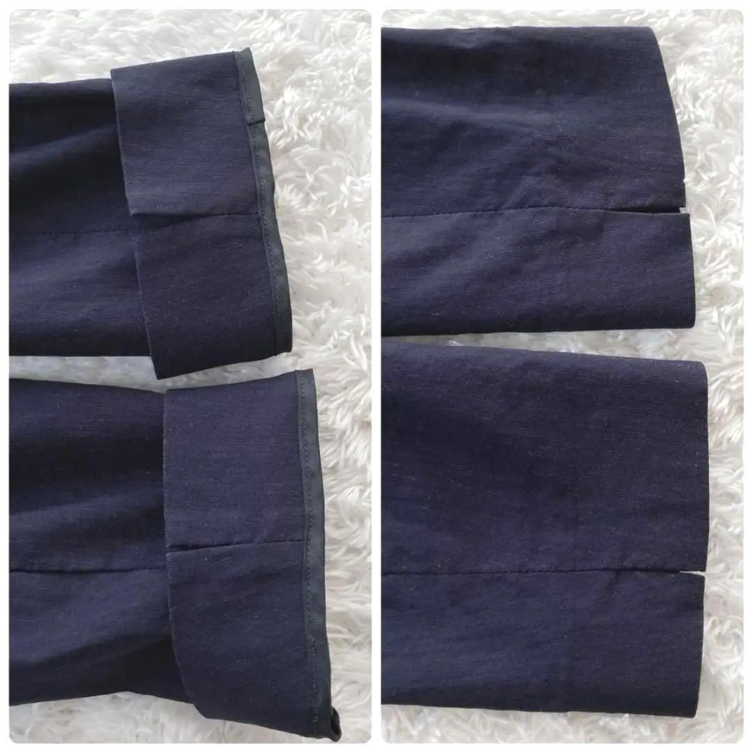 プラステ　パンツスーツ　ノーカラー　リネン混　ネイビー　L　夏スーツ　手洗い可