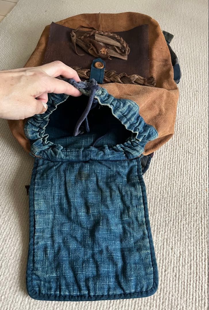 一点物◆柿渋 山葡萄 藍染リュック ハンドメイド 古布パッチワーク◆