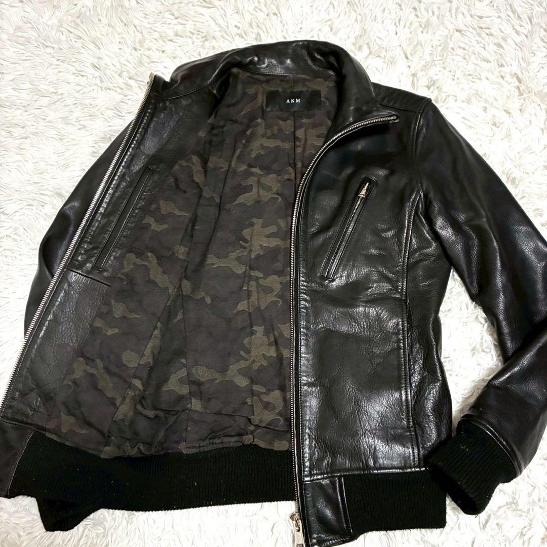 美品⭐️AKM レザージャケット カウレザー カシミヤ　ダブルジップ 迷彩　黒 M