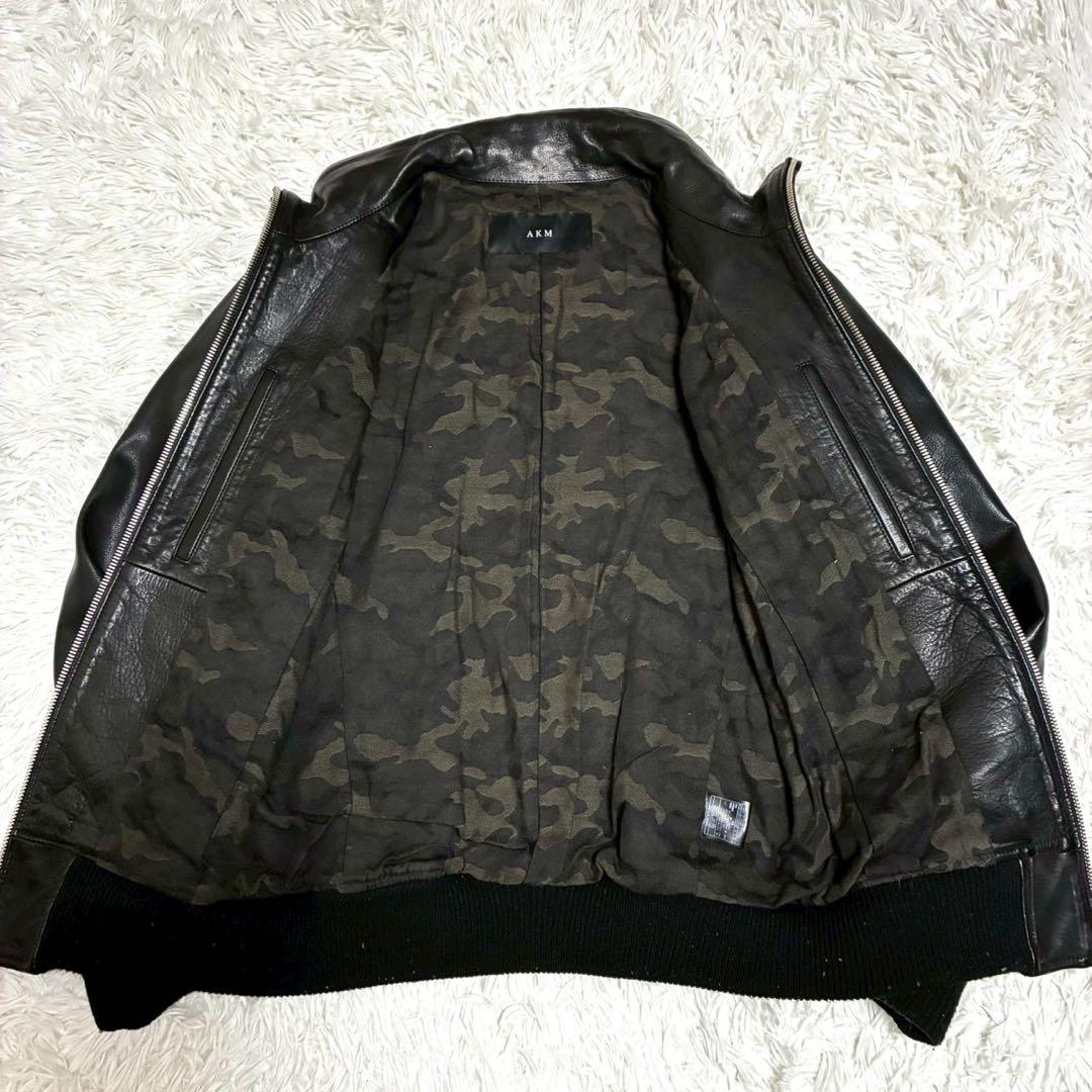 美品⭐️AKM レザージャケット カウレザー カシミヤ　ダブルジップ 迷彩　黒 M