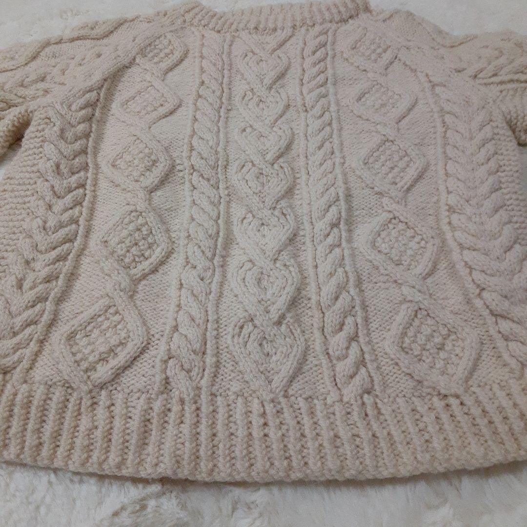 手編み　ハンドメイド　ケーブル編みニット　セーター　クルーネック　ウール　生成り