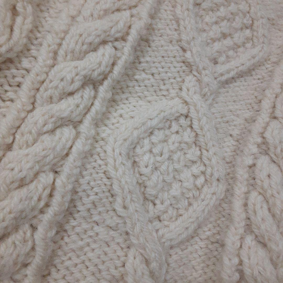 手編み　ハンドメイド　ケーブル編みニット　セーター　クルーネック　ウール　生成り