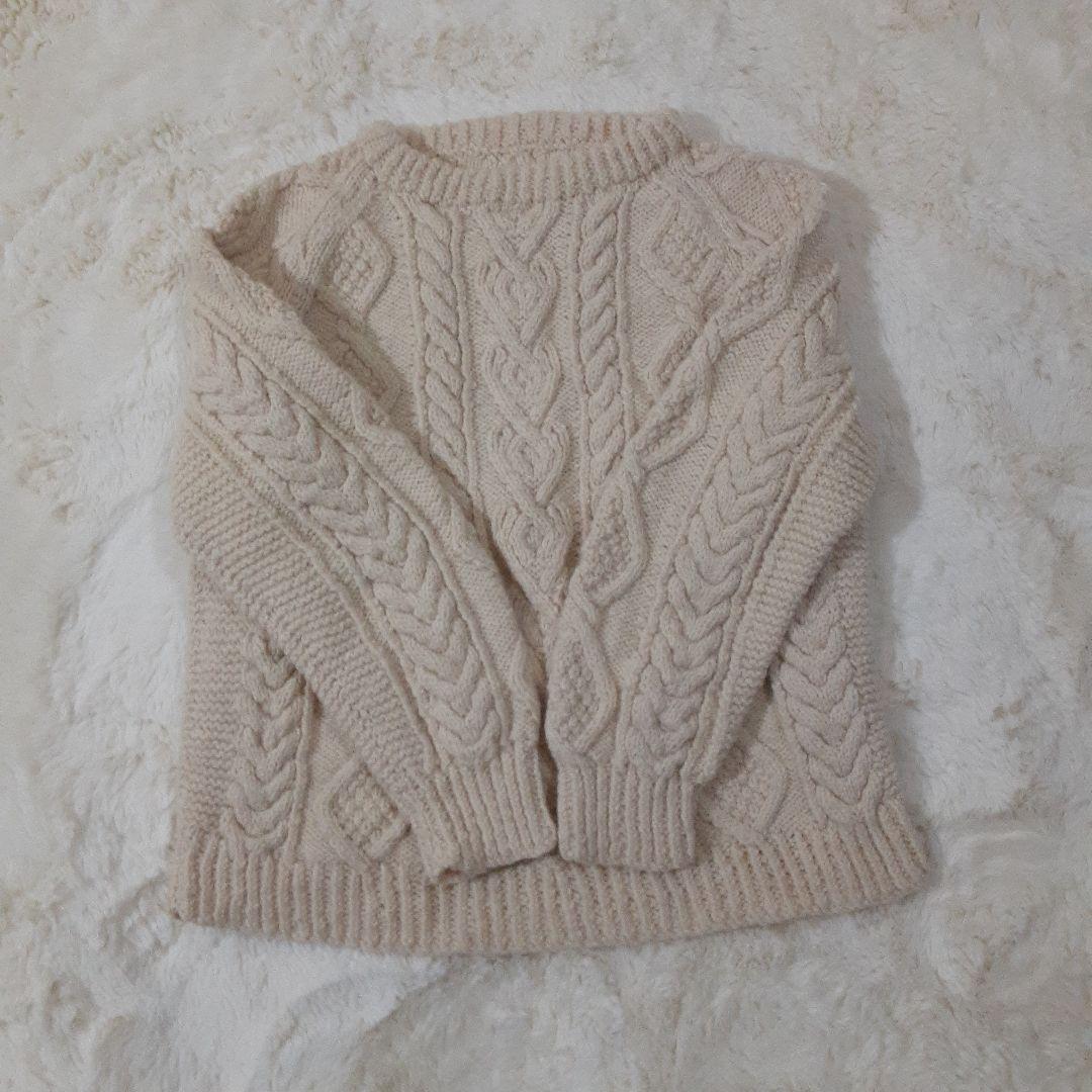 手編み　ハンドメイド　ケーブル編みニット　セーター　クルーネック　ウール　生成り