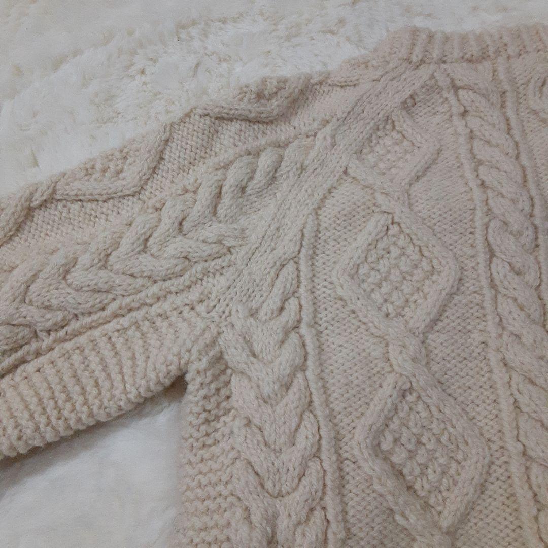 手編み　ハンドメイド　ケーブル編みニット　セーター　クルーネック　ウール　生成り