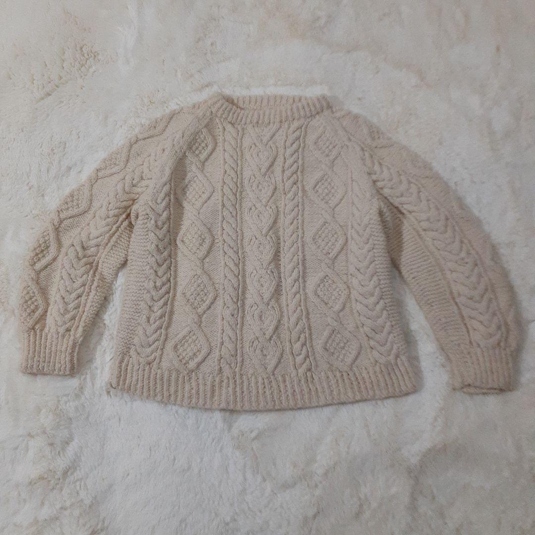 手編み　ハンドメイド　ケーブル編みニット　セーター　クルーネック　ウール　生成り